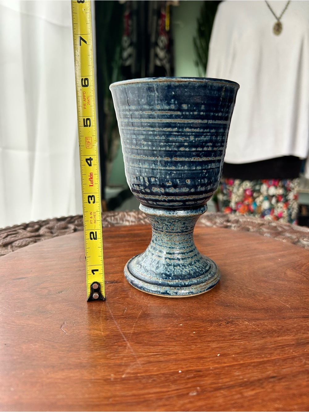 Signed Studio Pottery Goblet Chalice Blue Glaze Hand Thrown Ceramic 6”